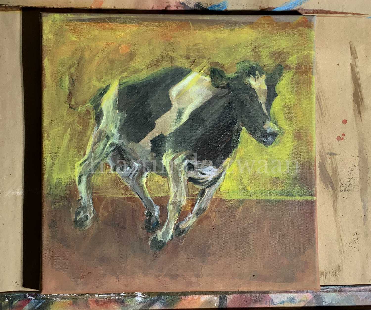 Sketch piece, cow running, in progress.