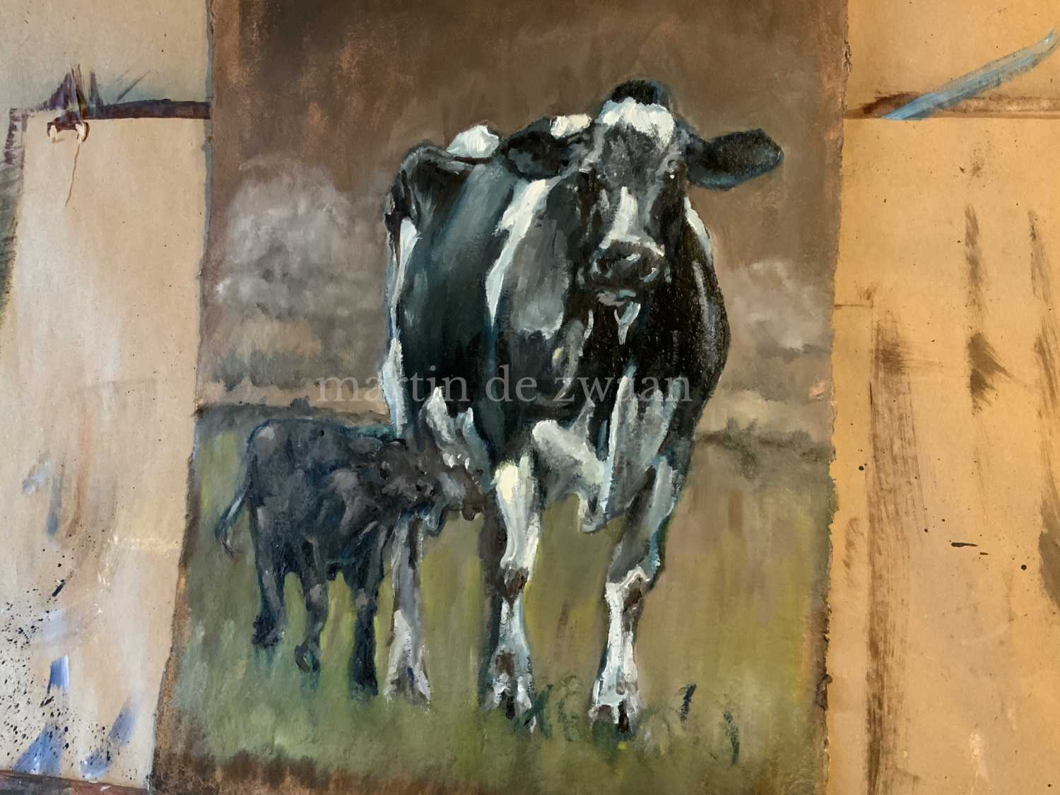 Mother and calf, oil on cotton rag.